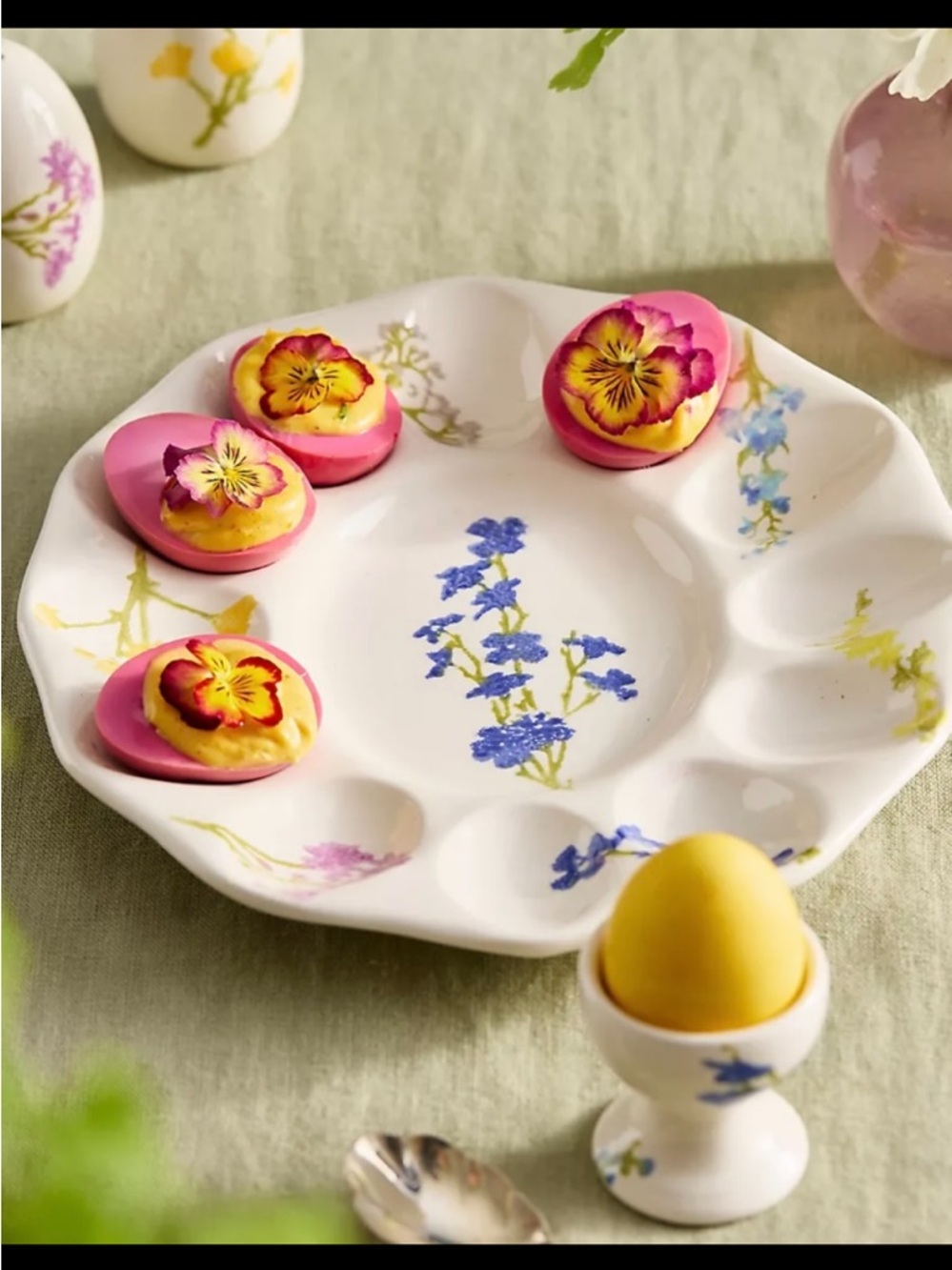 Anthropologie White Ceramic Egg Platter with Blue and Yellow Floral Design